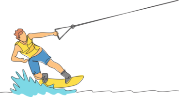 enda kontinuerlig linje teckning av ung sportig surfare man spelar wakeboard i de hav. extrem farlig hav sport begrepp. sommar Semester semester. trendig ett linje dra design illustration png