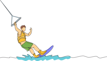 soltero continuo línea dibujo de joven deportivo tablista hombre jugar wakeboard en el mar. extremo peligroso mar deporte concepto. verano fiesta vacaciones. de moda uno línea dibujar diseño ilustración png