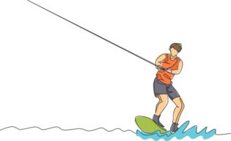 uno continuo línea dibujo de joven energético hombre divertido jugar wakeboard en el mar océano. sano estilo de vida deporte concepto. contento turista vacaciones. dinámica soltero línea dibujar diseño ilustración png