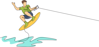 uno soltero línea dibujo de joven deportivo hombre jugar wakeboard en el mar playa ilustración. sano estilo de vida y extremo deporte concepto. verano vacaciones. moderno continuo línea dibujar diseño png