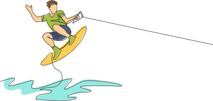 uno singolo linea disegno di giovane sportivo uomo giocare wakeboard nel il mare spiaggia illustrazione. salutare stile di vita e estremo sport concetto. estate vacanza. moderno continuo linea disegnare design png