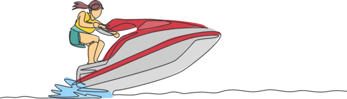 un Célibataire ligne dessin Jeune sportif homme jouer jet ski dans le mer plage graphique illustration. en bonne santé mode de vie et extrême sport concept. été vacances. moderne continu ligne dessiner conception png