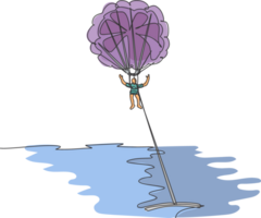 en enda linjeteckning av ung sportig man som flyger med parasailing fallskärm på himlen dragen av båt grafisk vektorillustration. extrem sport koncept. modern kontinuerlig linjeritningsdesign png