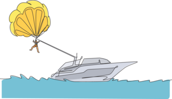 enda kontinuerlig linjeteckning av ung turist som flyger med parasailing fallskärm på himlen dragen av en båt. extrem semester semester sport koncept. trendiga en rad rita design vektorillustration png
