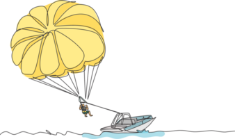 en kontinuerlig linjeteckning av ungt mod som flyger i himlen med hjälp av parasailing fallskärm bakom båten. utomhus farlig extrem sport koncept. dynamisk enda rad rita design vektorillustration png