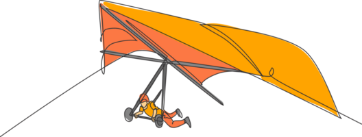 een doorlopende lijntekening van een jonge dappere man die in de lucht vliegt met behulp van een parachute met deltavliegen. buiten gevaarlijk extreme sportconcept. dynamische enkele lijn tekenen ontwerp vector illustratie afbeelding png