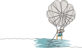 One continuous line drawing of young bravery man flying in the sky using parasailing parachute pulled by a boat. Outdoor dangerous extreme sport concept. Single line draw design vector illustration png