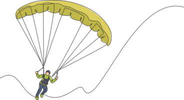 un dibujo de línea continua de un joven valiente que vuela en el cielo usando un paracaídas de parapente. concepto de deporte extremo peligroso al aire libre. Ilustración gráfica de vector de diseño de dibujo de línea única dinámica png