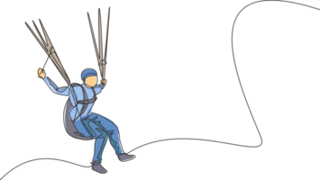 un disegno a linea singola di un giovane sportivo che vola con il paracadute in parapendio sul grafico dell'illustrazione vettoriale del cielo. concetto di sport estremo. moderno disegno a linea continua png