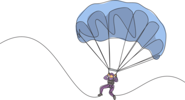 dessin en ligne continue unique d'un jeune touriste volant avec un parachute de parapente dans le ciel. concept de sport de vacances de vacances extrêmes. illustration graphique vectorielle de conception de dessin à une ligne à la mode png