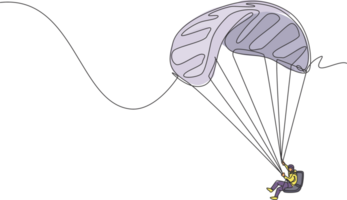einzelne durchgehende Linienzeichnung eines jungen Touristen, der mit einem Gleitschirm am Himmel fliegt. extremes ferienurlaubssportkonzept. trendige einzeilige zeichnen design vektorgrafik illustration png