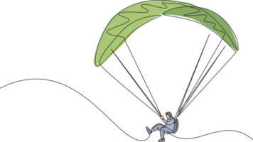 un dibujo de línea continua de un joven valiente que vuela en el cielo usando un paracaídas de parapente. concepto de deporte extremo peligroso al aire libre. Ilustración de vector de diseño gráfico de dibujo de línea única dinámica png