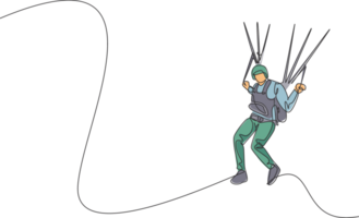 un disegno a linea continua di un giovane coraggioso che vola nel cielo usando il paracadute del parapendio. concetto di sport estremo pericoloso all'aperto. illustrazione grafica vettoriale dinamica con disegno a linea singola png