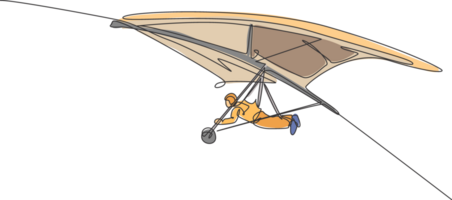 un dessin en ligne continu d'un jeune homme de bravoure volant dans le ciel à l'aide d'un parachute de deltaplane. concept de sport extrême dangereux en plein air. graphique d'illustration vectorielle de conception de dessin à une seule ligne dynamique png