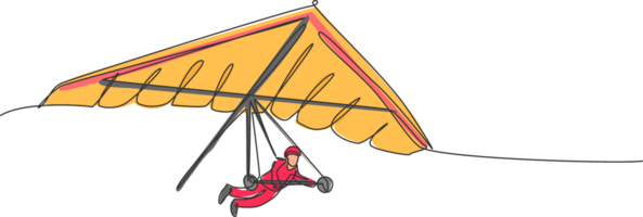 One single line drawing of young sporty man flying with hang gliding parachute on the sky vector graphic illustration. Extreme sport concept. Modern continuous line draw design png