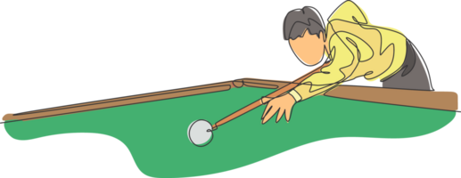 un Célibataire ligne dessin de Jeune Beau homme en jouant bassin billard à billard pièce illustration graphique. intérieur sport récréatif Jeu concept. moderne continu ligne dessiner conception png