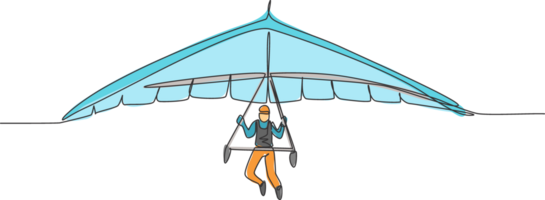 dessin en ligne continue unique d'un jeune touriste volant avec un parachute de deltaplane dans le ciel. concept de sport de vacances de vacances extrêmes. illustration vectorielle graphique de conception de dessin à une ligne à la mode png