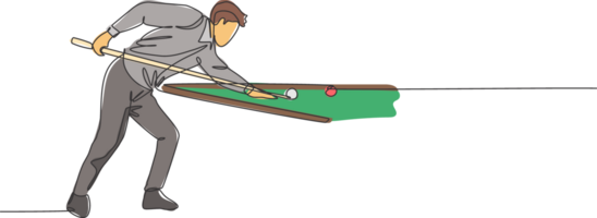 un Célibataire ligne dessin de Jeune Beau homme en jouant bassin billard à billard pièce graphique illustration. intérieur sport récréatif Jeu concept. moderne continu ligne dessiner conception png