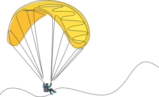 un dibujo de una sola línea de un joven deportista que vuela con un paracaídas de parapente en el gráfico de ilustración vectorial del cielo. concepto de deporte extremo. diseño moderno de dibujo de línea continua png