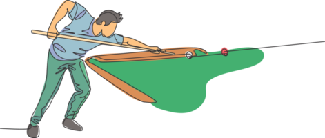 Single continuous line drawing of young handsome professional athlete man playing pool billiards at billiard room in bar. Indoor sport game concept. Trendy one line draw design illustration png