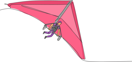 One single line drawing of young sporty man flying with hang gliding parachute on the sky vector graphic illustration. Extreme sport concept. Modern continuous line draw design png