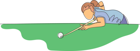 Single continuous line drawing of young beauty professional athlete woman playing pool billiards at billiard room in bar. Indoor sport game concept. Trendy one line draw design illustration png