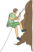 einer kontinuierlich Linie Zeichnung von jung Mut Bergsteiger Mann trainieren überhängend Felsen Cliff Berg mit Sicherheit Seil. gefährlich extrem Sport Konzept. dynamisch Single Linie zeichnen Design Illustration png