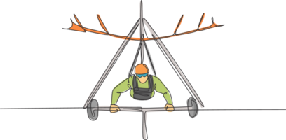 Célibataire continu ligne dessin de Jeune touristique homme en volant avec pendre glissement parachute sur le ciel. extrême vacances vacances sport concept. branché un ligne dessiner graphique conception illustration png