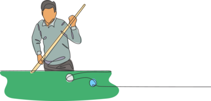 One single line drawing of young handsome man playing pool billiards at billiard room graphic illustration. Indoor sport recreational game concept. Modern continuous line draw design png