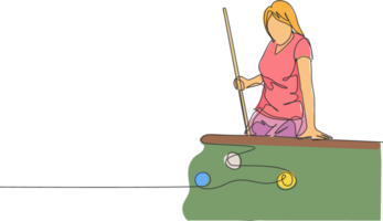 un continu ligne dessin de Jeune beauté femme concentrer visée avant frappé le bassin billard des balles avec bâton. tournoi intérieur sport Jeu concept. dynamique Célibataire ligne dessiner conception illustration png