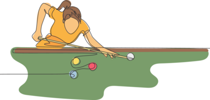 One continuous line drawing of young handsome man focus aiming before hit the pool billiard balls with stick. Tournament indoor sport game concept. Dynamic single line draw design illustration png