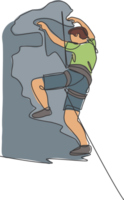 einer kontinuierlich Linie Zeichnung von jung Mut Bergsteiger Mann trainieren überhängend Felsen Cliff Berg mit Sicherheit Seil. gefährlich extrem Sport Konzept. dynamisch Single Linie zeichnen Design Illustration png