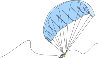 dibujo de una sola línea continua de un joven turista volando con paracaídas en parapente en el cielo. concepto de deporte de vacaciones de vacaciones extremas. ilustración gráfica de vector de diseño de dibujo de una línea de moda png