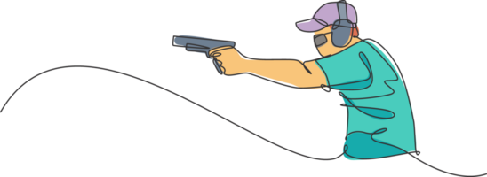 One single line drawing of young man practicing to shot target in range on shooting training ground graphic illustration. Clay pigeon shooting sport concept. Modern continuous line draw design png