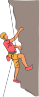 singolo continuo linea disegno di giovane muscolare alpinista uomo arrampicata sospeso su montagna presa. all'aperto attivo stile di vita e roccia arrampicata concetto. di moda uno linea disegnare design illustrazione png