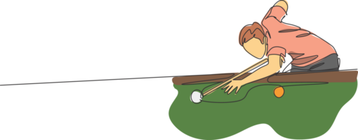 One single line drawing of young handsome man playing pool billiards at billiard room illustration graphic. Indoor sport recreational game concept. Modern continuous line draw design png