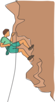 einer Single Linie Zeichnung von jung aktiv Mann Klettern auf Cliff Berg halten Sicherheit Seil Grafik Illustration. extrem draussen Sport und Bouldern Konzept. modern kontinuierlich Linie zeichnen Design png