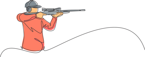 Single continuous line drawing of young athlete man shooter holding gun and training to aim target tactical shooting. Shooting sport training concept. Trendy one line draw design illustration png