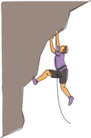 One single line drawing of young active man climbing on cliff mountain holding safety rope graphic illustration. Extreme outdoor sport and bouldering concept. Modern continuous line draw design png