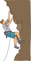 een single lijn tekening van jong actief Mens beklimming Aan klif berg Holding veiligheid touw illustratie grafisch. extreem buitenshuis sport en boulderen concept. modern doorlopend lijn trek ontwerp png