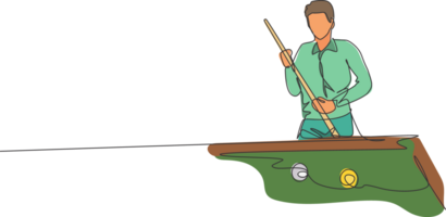 Célibataire continu ligne dessin de Jeune Beau professionnel athlète homme en jouant bassin billard à billard pièce dans bar. intérieur sport Jeu concept. branché un ligne dessiner conception illustration png