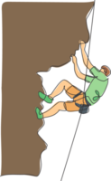 enda kontinuerlig linje teckning av ung muskulös bergsklättrare man klättrande hängande på berg grepp. utomhus- aktiva livsstil och sten klättrande begrepp. trendig ett linje dra design illustration png