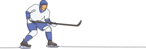Single kontinuierlich Linie Zeichnung von jung Fachmann Eis Eishockey Spieler Pose Haltung Verteidigung auf Eis Eisbahn Arena. extrem Winter Sport Konzept. modisch einer Linie zeichnen Design Grafik Illustration png