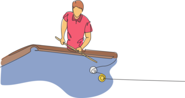 un Célibataire ligne dessin de Jeune Beau homme en jouant bassin billard à billard pièce illustration graphique. intérieur sport récréatif Jeu concept. moderne continu ligne dessiner conception png