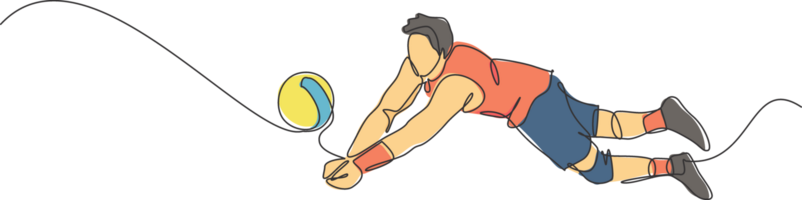 soltero continuo línea dibujo de masculino joven vóleibol atleta jugador en acción saltando bloquear el pelota en corte. equipo deporte concepto. competencia juego. de moda uno línea dibujar diseño ilustración png