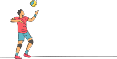 uno continuo línea dibujo joven masculino profesional vóleibol jugador en acción servir pelota en corte. sano competitivo equipo deporte concepto. dinámica soltero línea dibujar diseño gráfico ilustración png