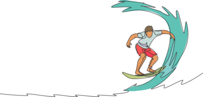 singolo continuo linea disegno giovane professionale surfer nel azione equitazione il onde su blu oceano. estremo sport acquatico concetto. estate vacanza. di moda uno linea disegnare design grafico illustrazione png