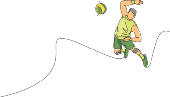 ett kontinuerlig linje teckning av ung manlig professionell volleyboll spelare i verkan Hoppar smash på domstol. friska konkurrenskraftig team sport begrepp. dynamisk enda linje dra design illustration png