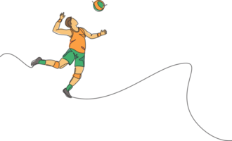 un continu ligne dessin de Jeune Masculin professionnel volley-ball joueur dans action sauter pointe sur rechercher. en bonne santé compétitif équipe sport concept. dynamique Célibataire ligne dessiner conception illustration png