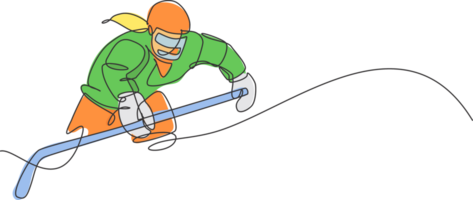 Single continuous line drawing of young professional ice hockey player hit the puck and attack on ice rink arena. Extreme winter sport concept. Trendy one line draw design graphic illustration png